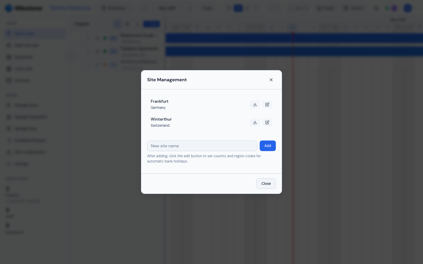 Manage Sites modal — the download icon next to each site triggers the Excel export